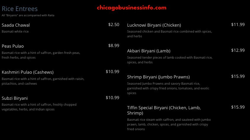 Tiffin The Indian Kitchen Chicago Menu 9