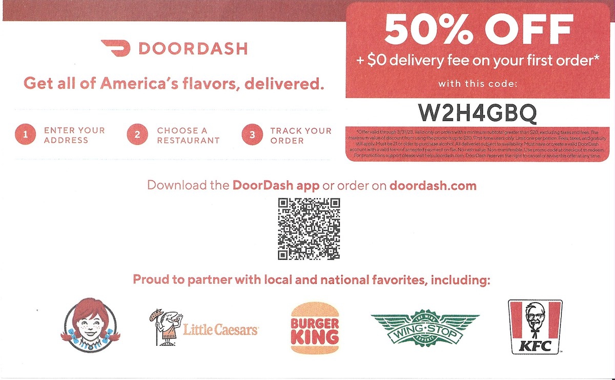 Door Dash 50% Off $0 Delivery Fee Coupon - Expires 03/31/2023