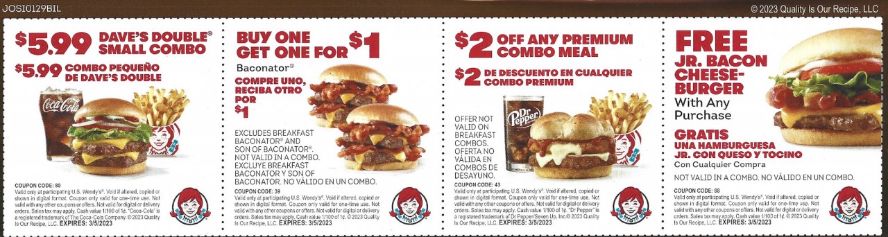 Wendy's Coupons Buy One Get One Deals February Expires 03/05/2023 1