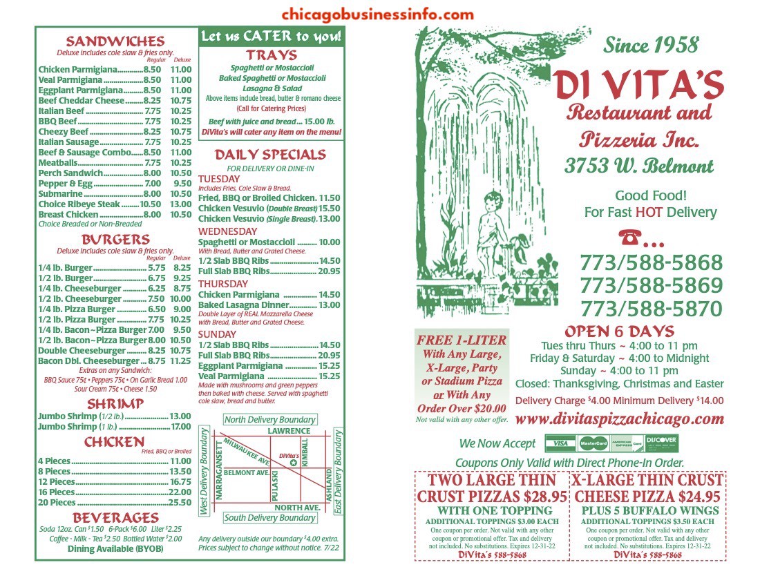 Di Vita's Restaurant Chicago Coupons Menu 1