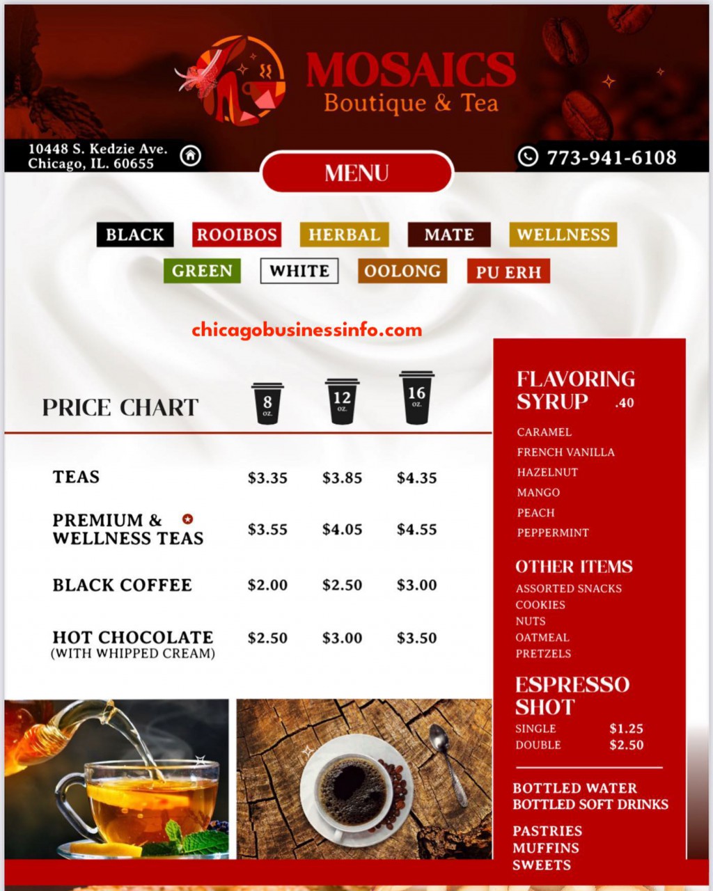 Mosaics Boutique & Tea Chicago Menu