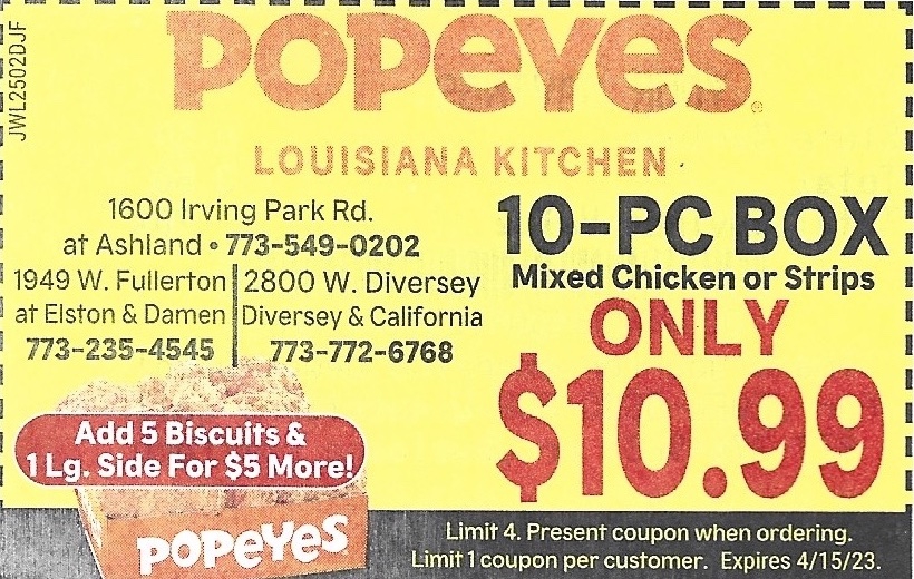 Popeyes 10-PC Box Mixed Chicken or Strips $10.99 Coupon April 2023