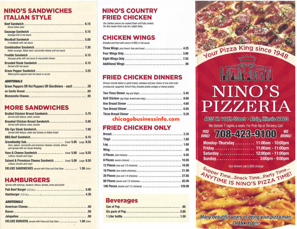 Ninos Pizza Alsip Menu 1