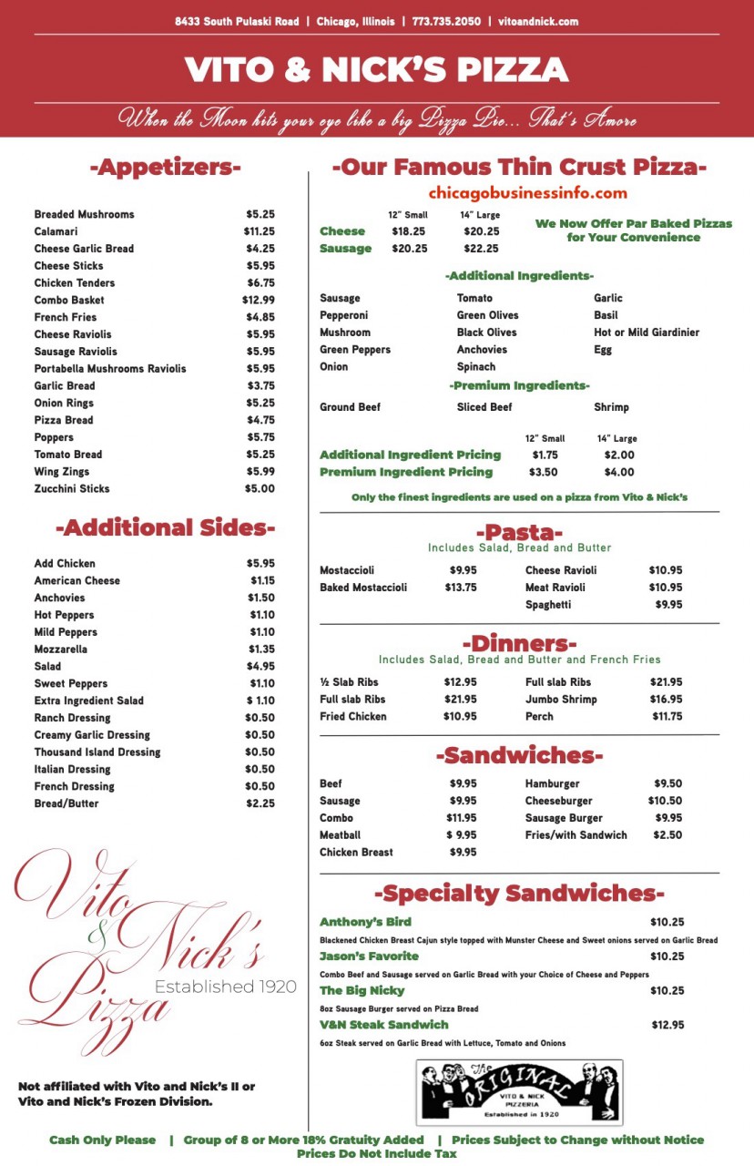 Vito And Nicks Pulaski Chicago Menu 1