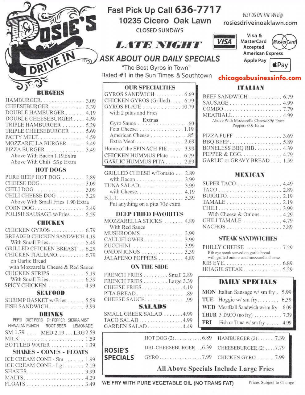 Rosie's Drive-In Oak Lawn Menu