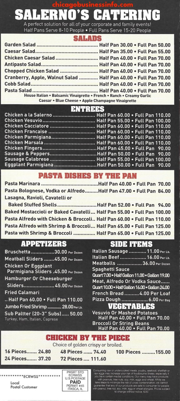 Salerno's Pizza Grand Ave Chicago Catering Menu