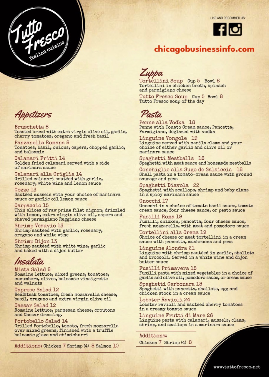 Tutto Fresco Chicago Menu 1