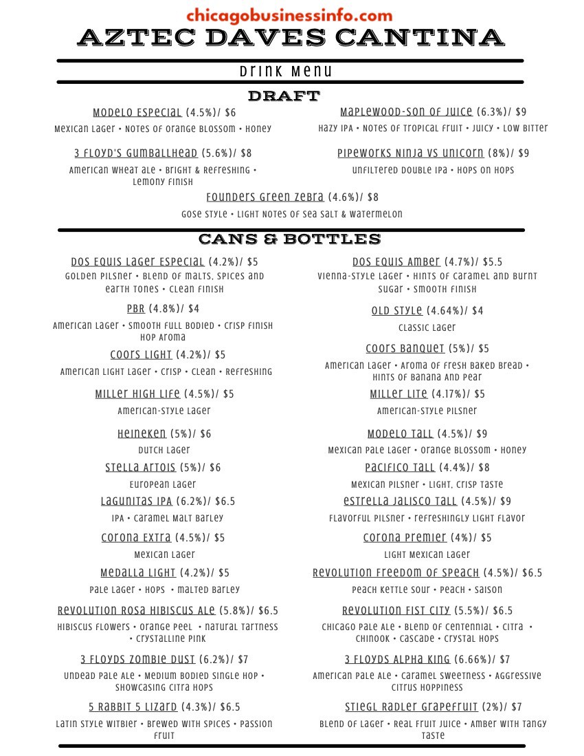 Aztec Dave's Cantina Chicago Drinks Menu 1