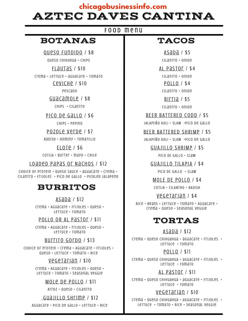 Aztec Dave's Cantina Chicago Food Menu 1