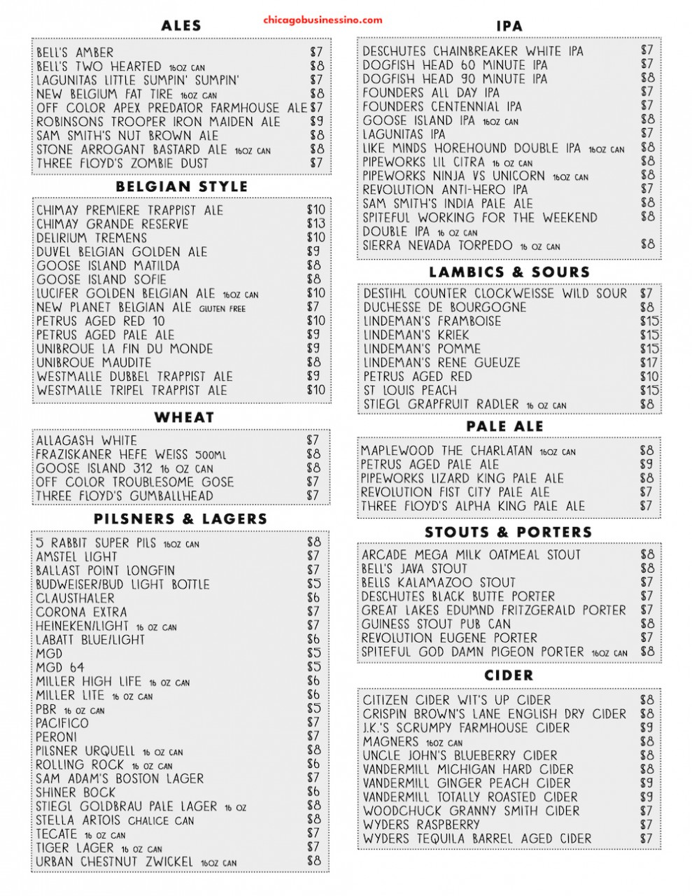 Bottom Lounge Chicago Drinks Menu