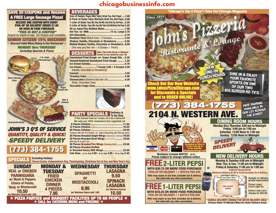 John's Pizzeria Ristorante & Lounge Chicago Coupons Menu 1