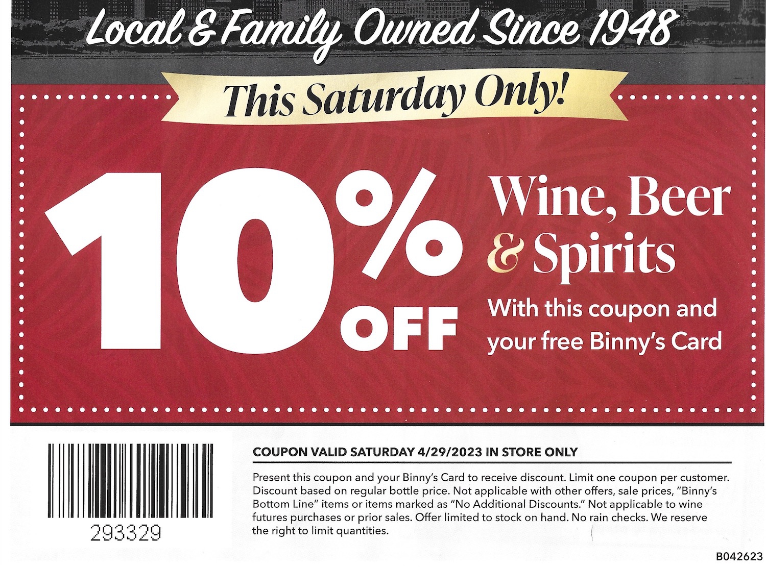 Binny's 10% Off Wine | Beer | Spirits Expires - 04/29/2023