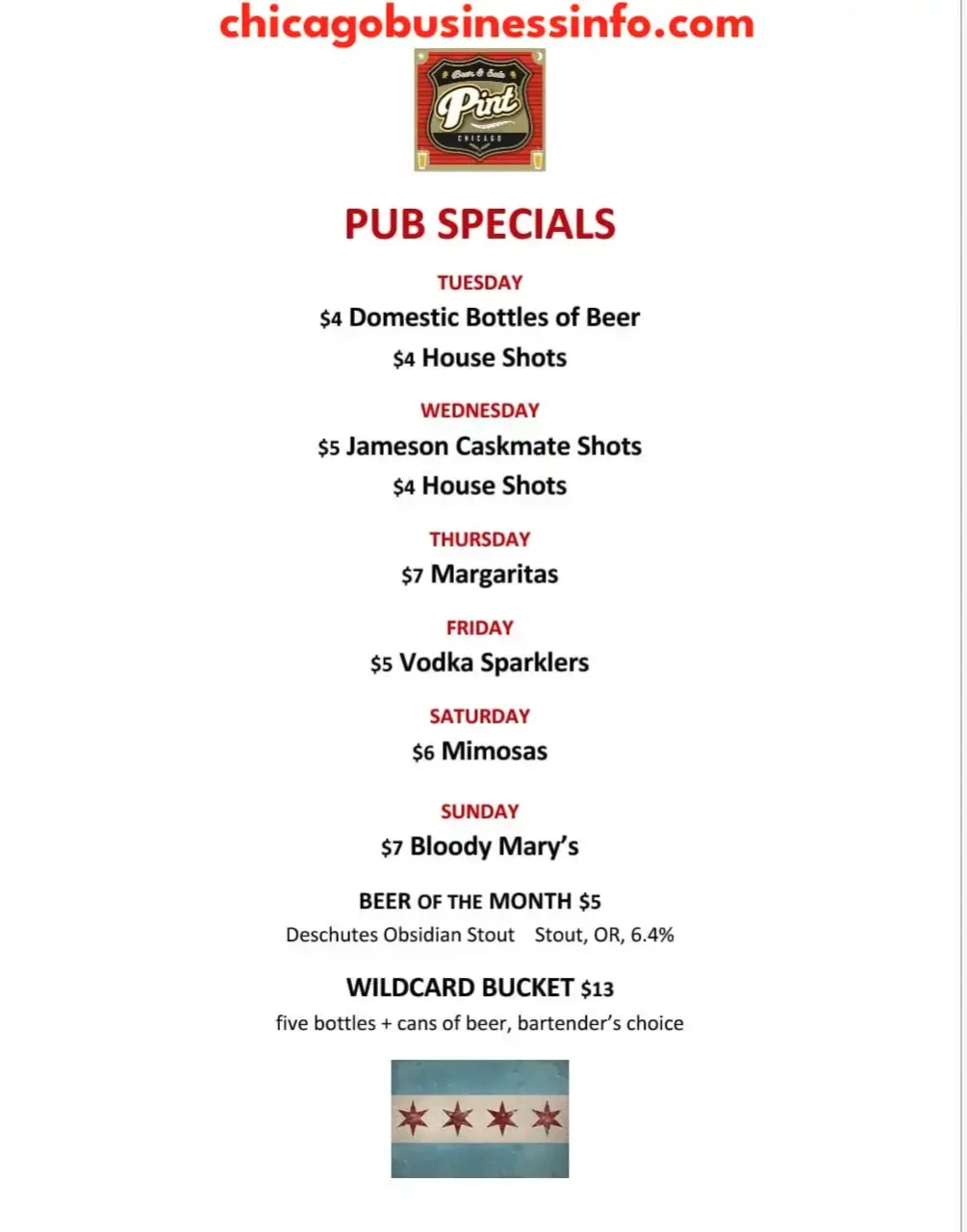 Pint Chicago Daily Specials Menu