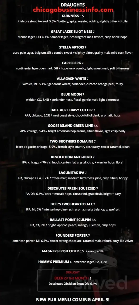 Pint Chicago Daily Drink Menu