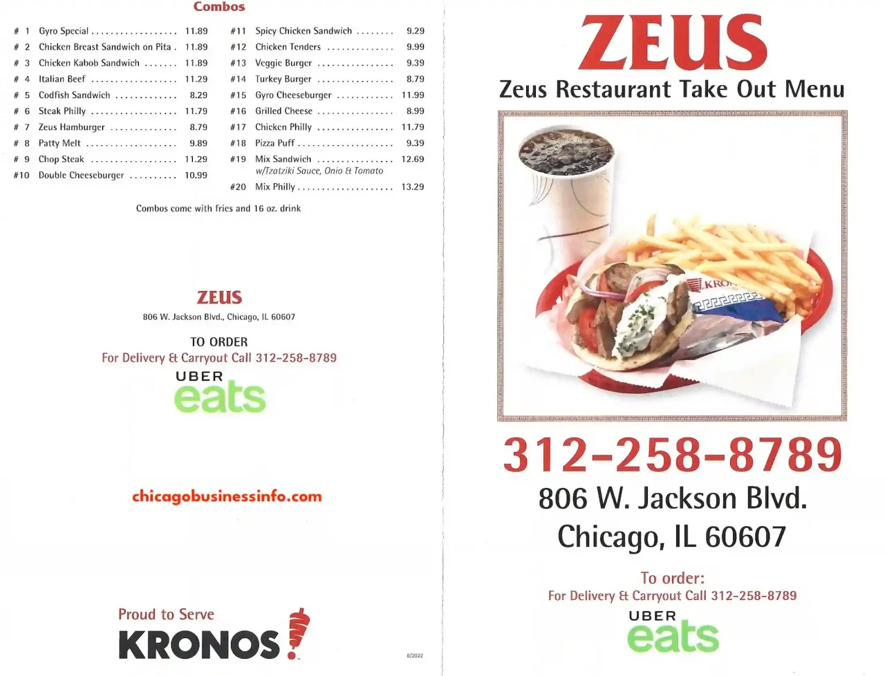Zeus Restaurant Chicago Carry Out Menu 1