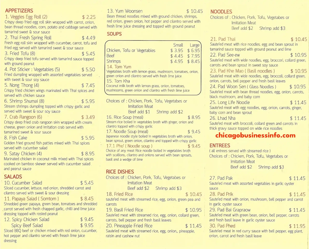 Pho's Thai Cuisine Carry Out Menu Lakeview Ravenswood 2
