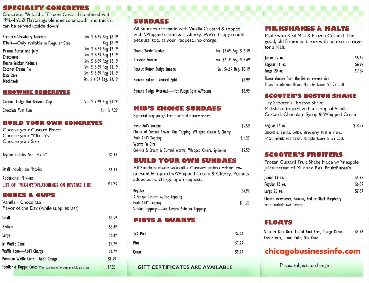 Scooter's Frozen Custard Chicago Carry Out Menu 2