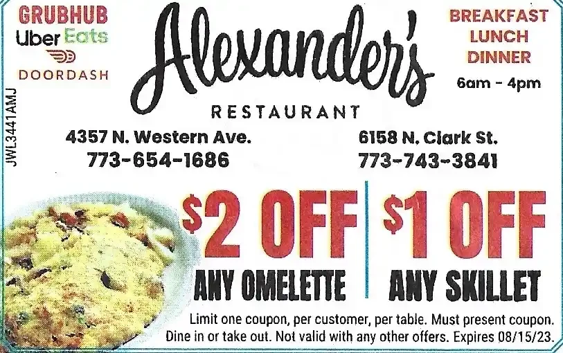 Alexanders Restaurant - $2 Off Omelette $1 Off Any Skillet Coupon - Expires - 08/15/2023