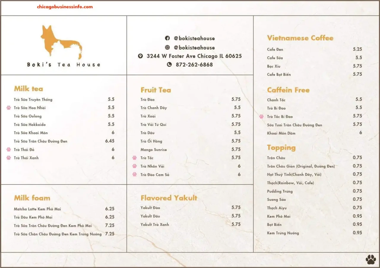 Boki's Tea House Chicago Carry Out Menu 1