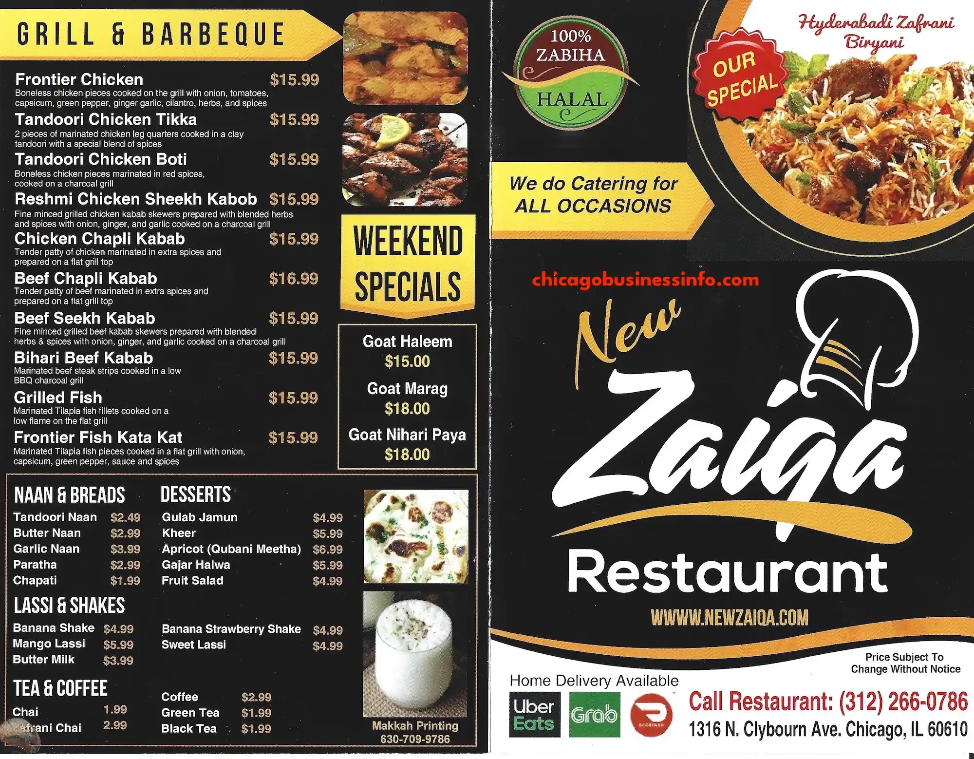 New Zaiqa Restaurant Chicago Carry Out Menu 1