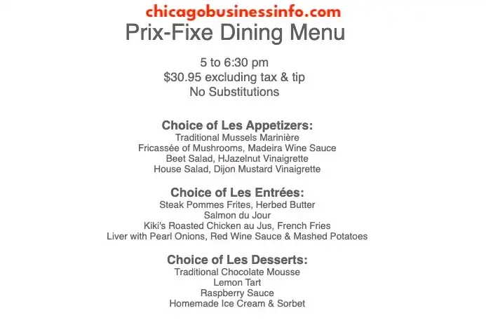 Kiki's Bistro Chicago Prix-Fixe Dinning Menu