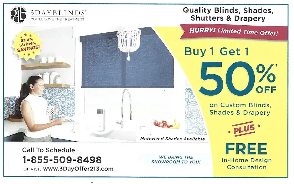 Chicago Exclusive Offers Mailer 3DayBlinds Buy One Get One Free Offer