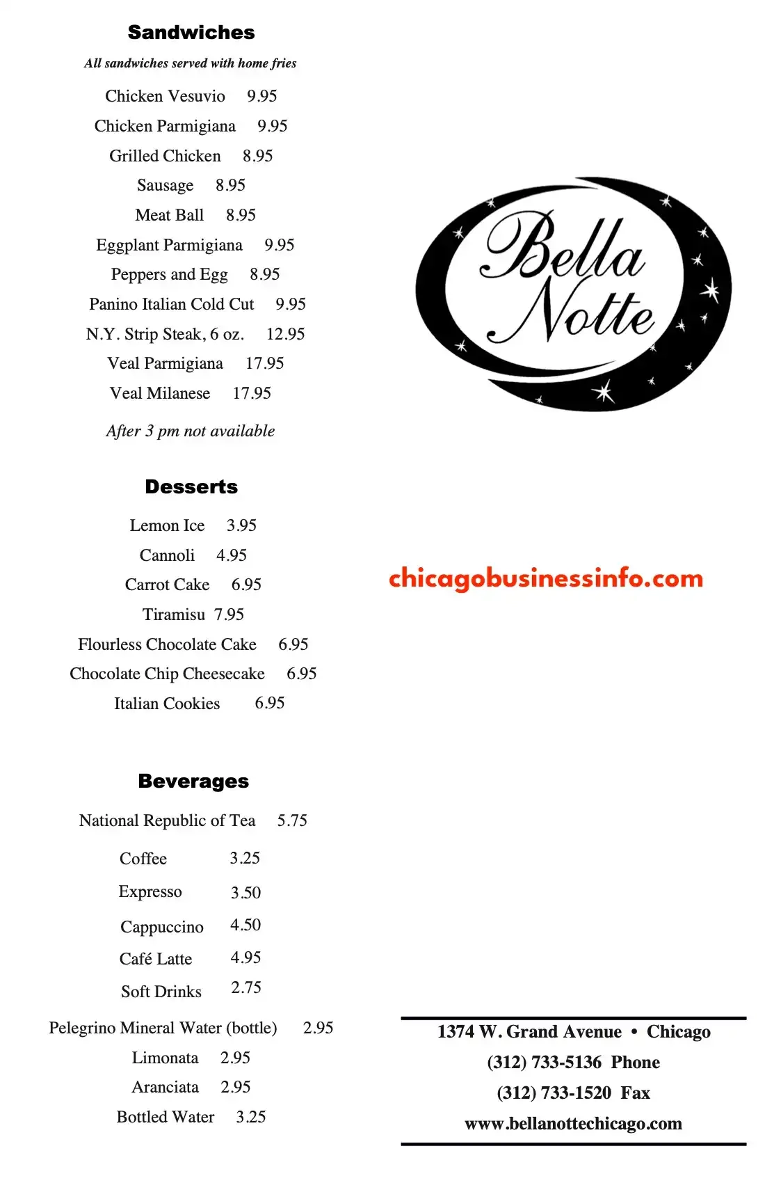 Bella Notte Ristorante Chicago Menu 1