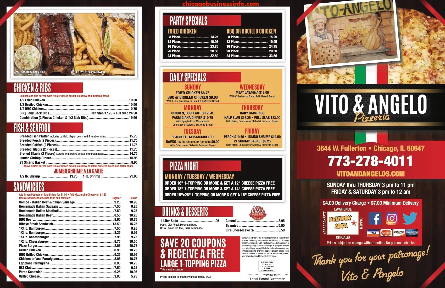 Vito & Angelo Pizzeria Chicago Carry Out Menu 1