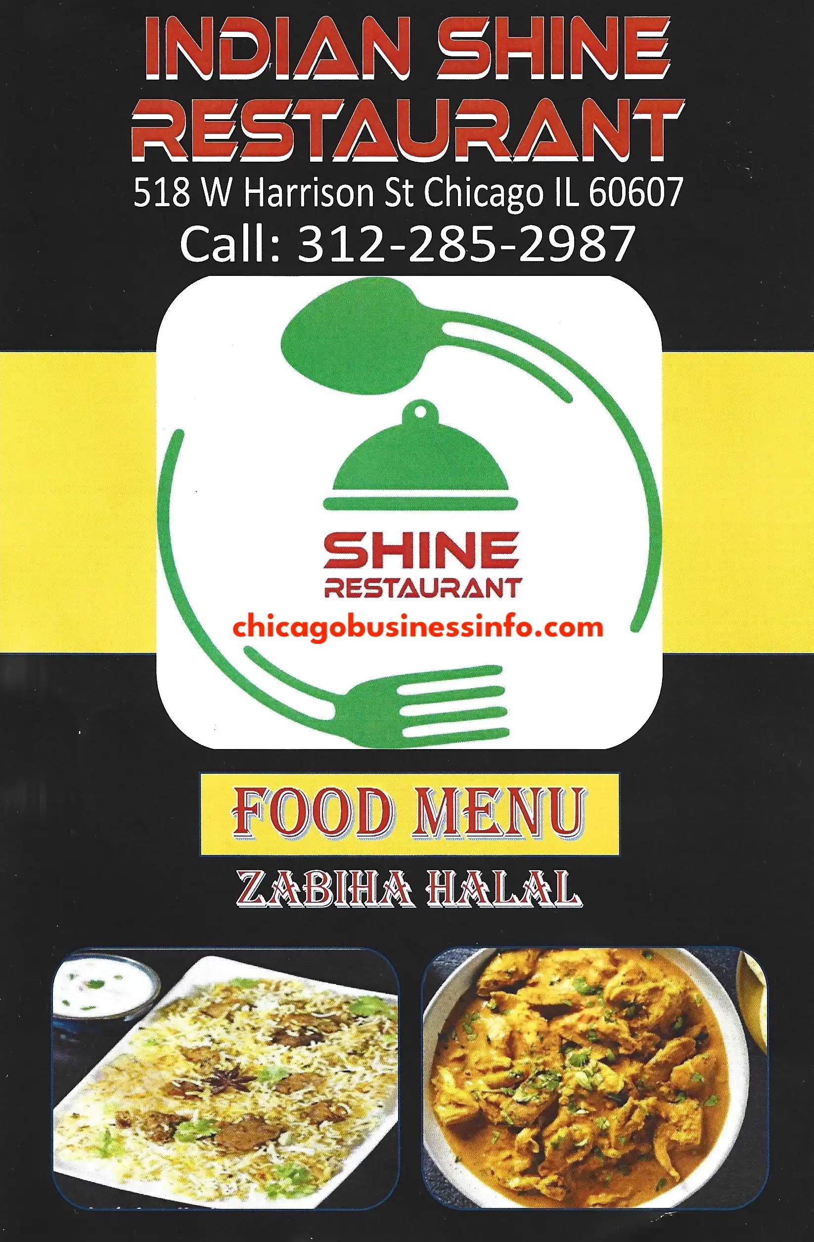 Indian Shine Restaurant Chicago Carry Out Menu 1