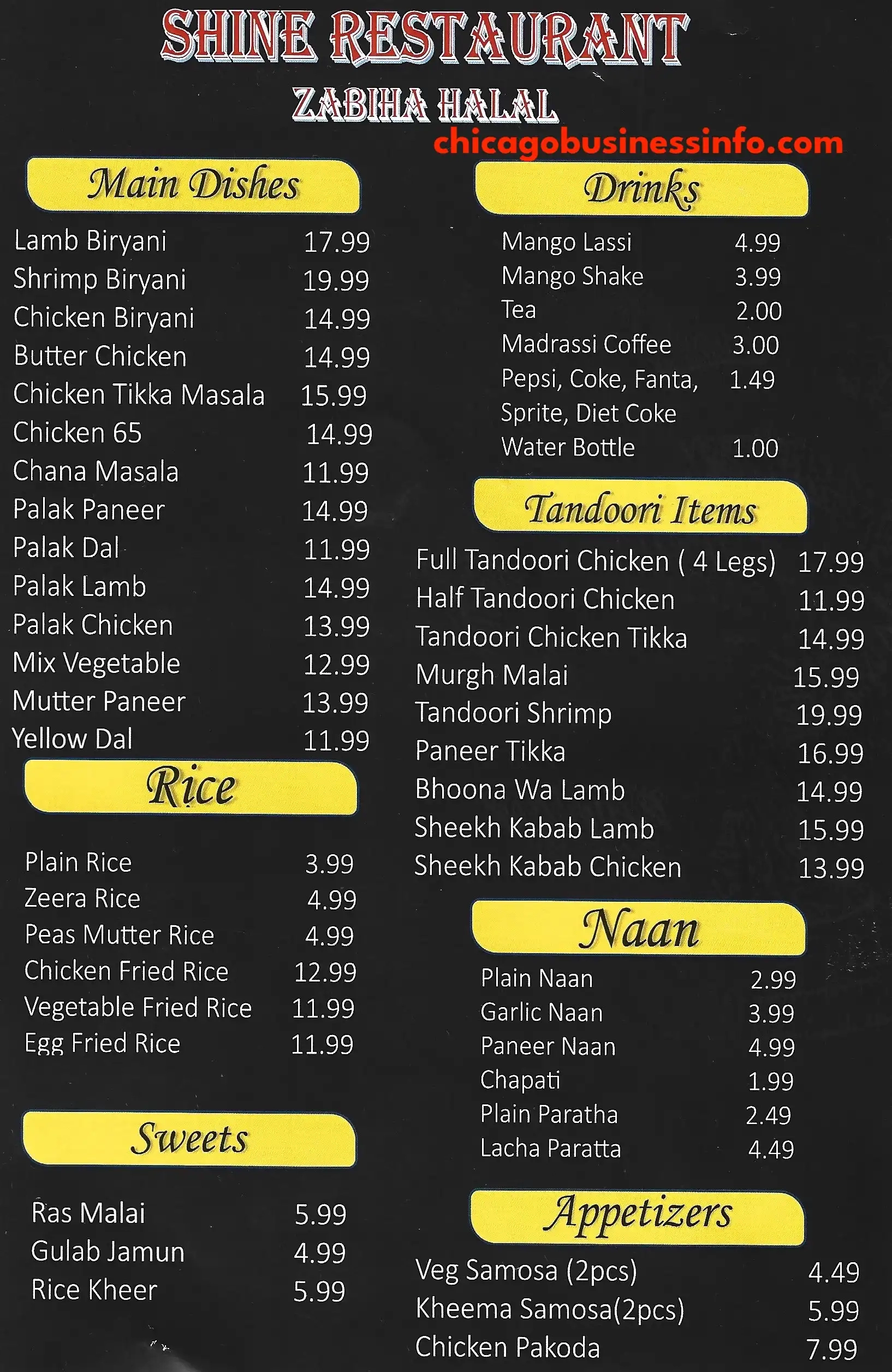 Indian Shine Restaurant Chicago Carry Out Menu 2