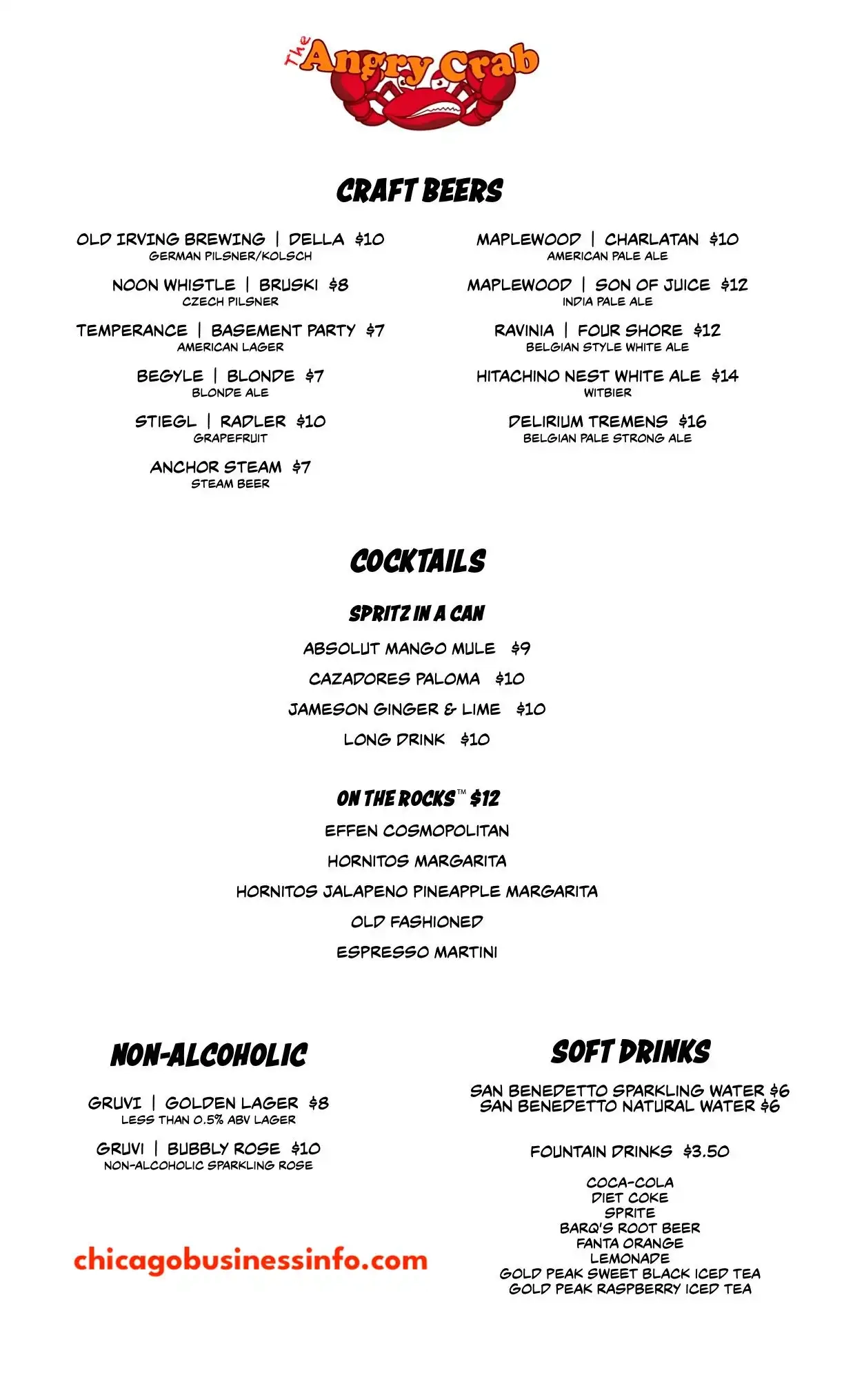 The Angry Crab Chicago Drinks Menu