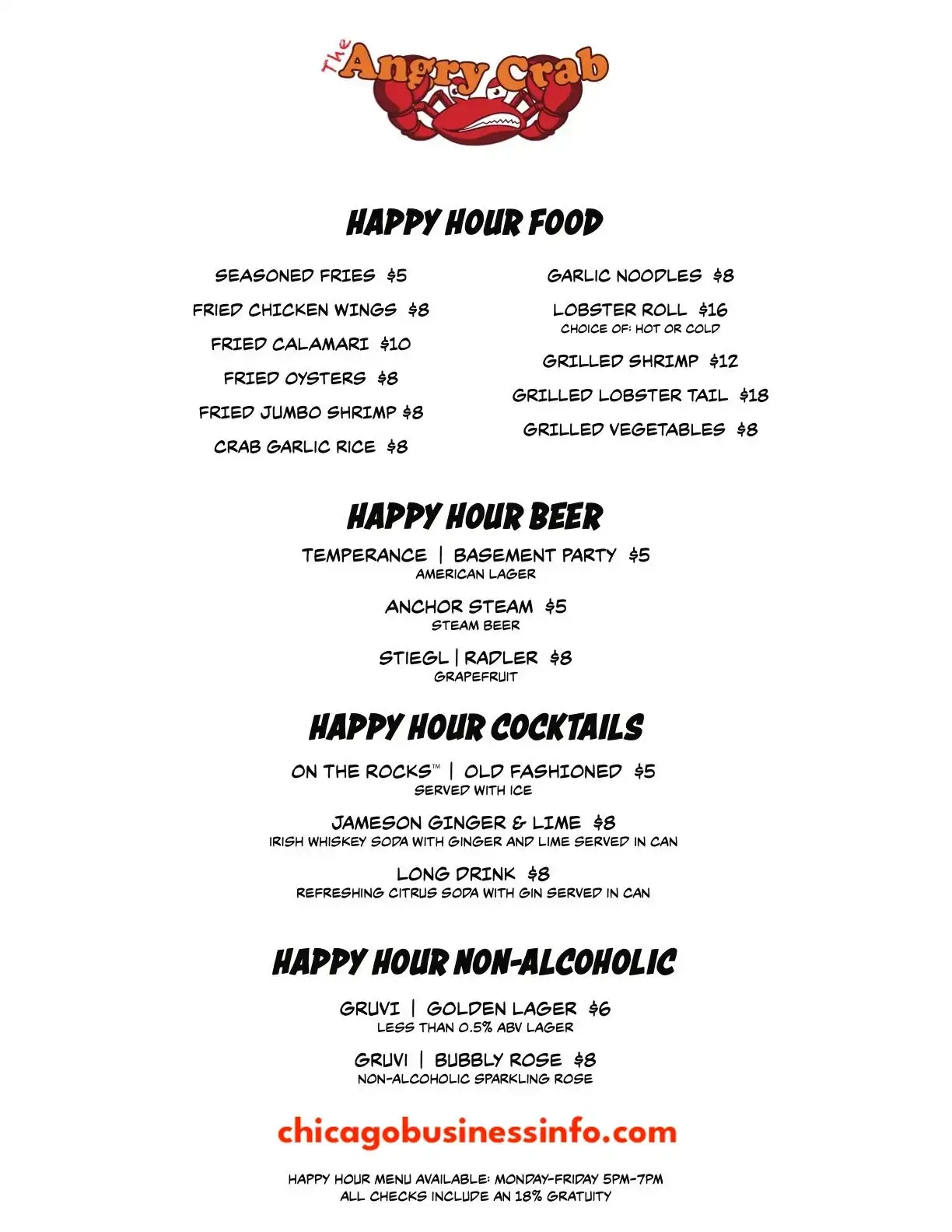 The Angry Crab Chicago Happy Hour Menu