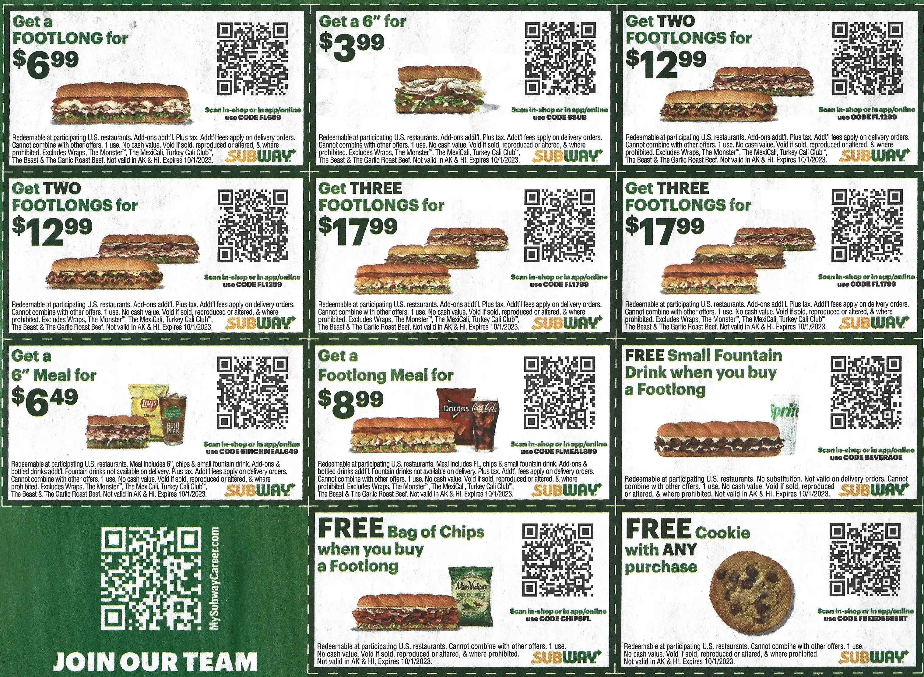 Subway Printable Store Coupons QR Codes Mailer Newspaper 1 Expires 10/01/2023