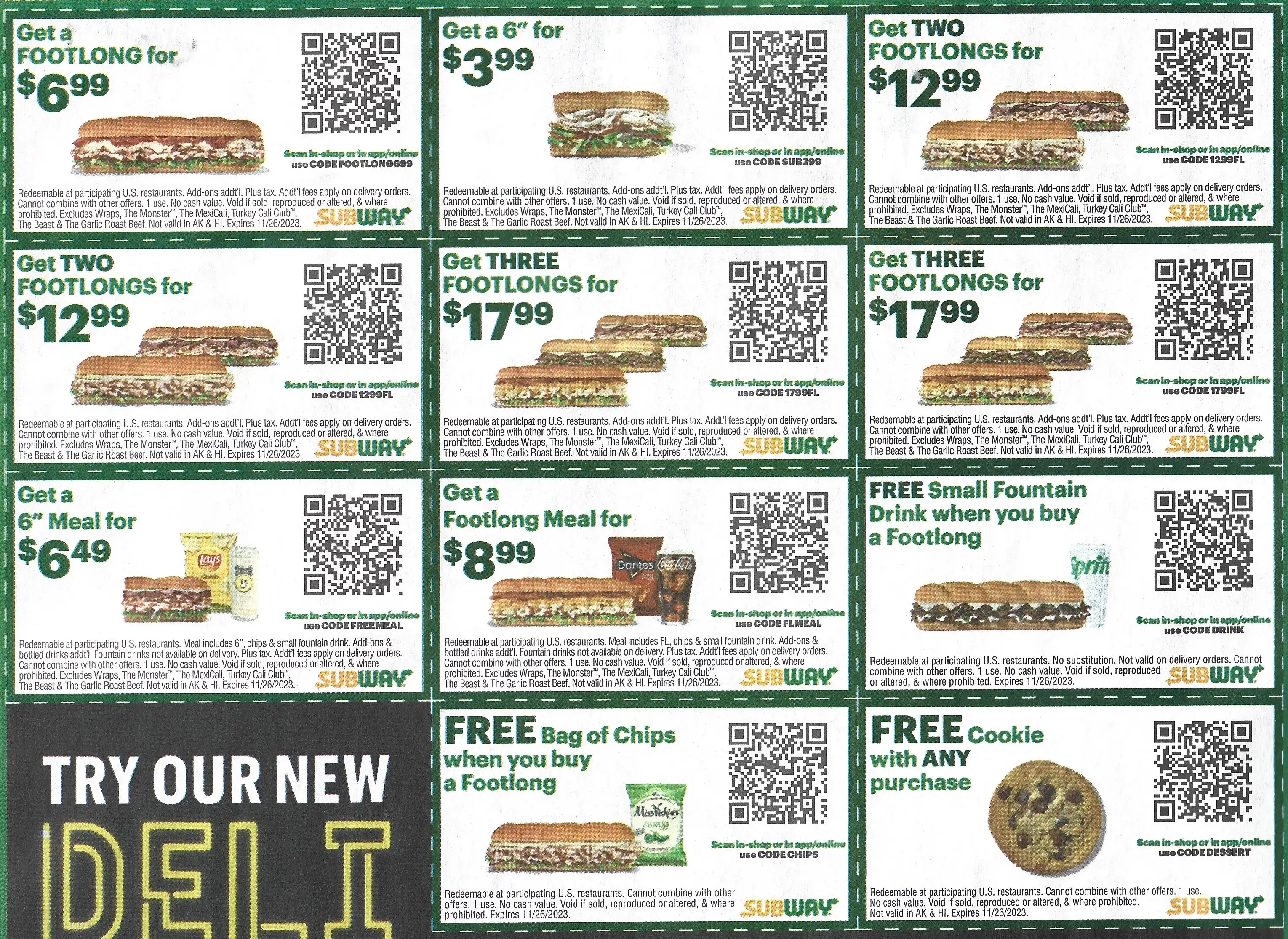 Subway Printable Coupons + QR Codes - Expires 11/26/2023