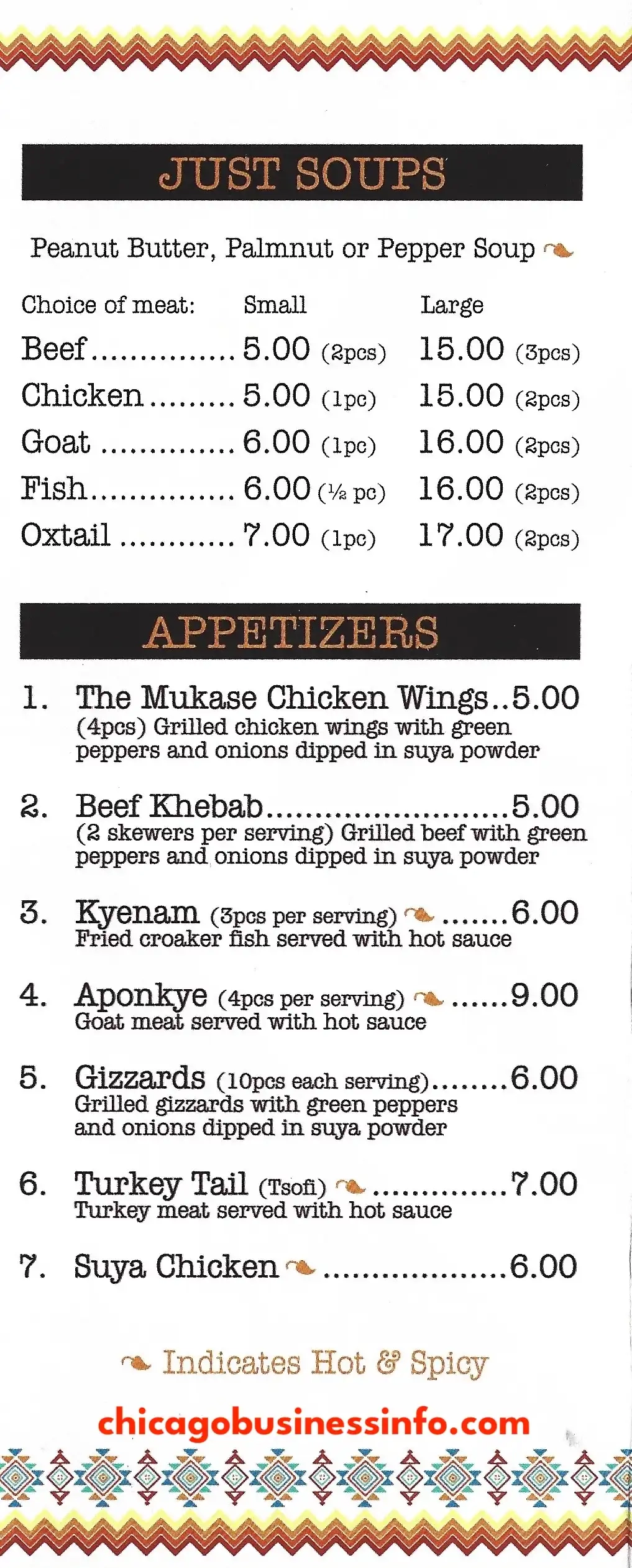 The Mukase African Restaurant Chicago Carry Out Menu 4