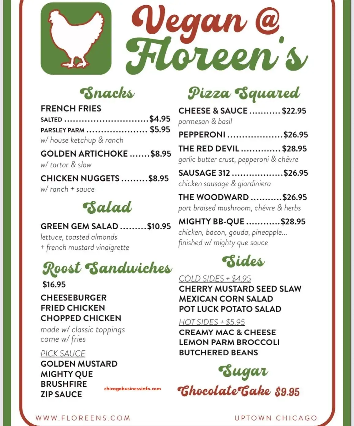 Floreen's Chicken & Roost Vegan Menu