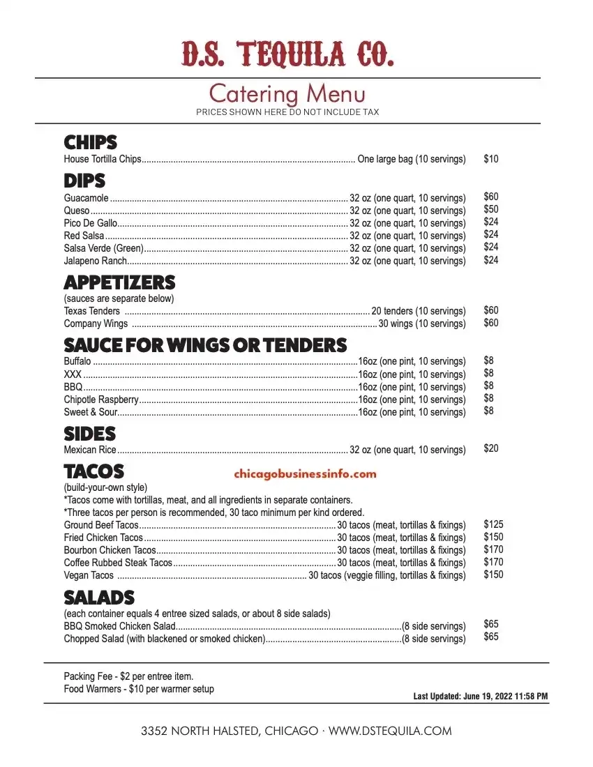 DS Tequila Co Chicago Catering Menu