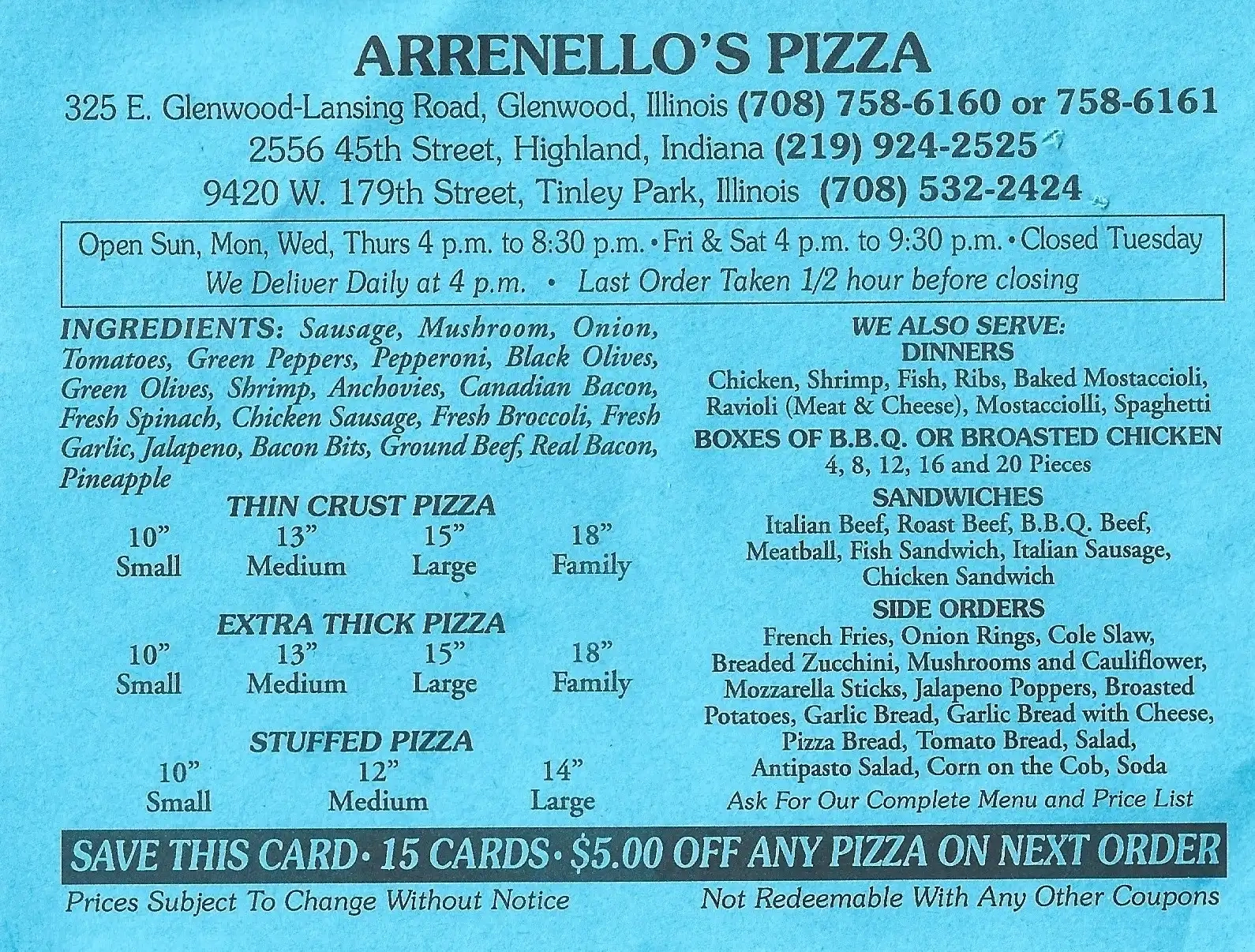 Arrenello's Pizza 15 Cards