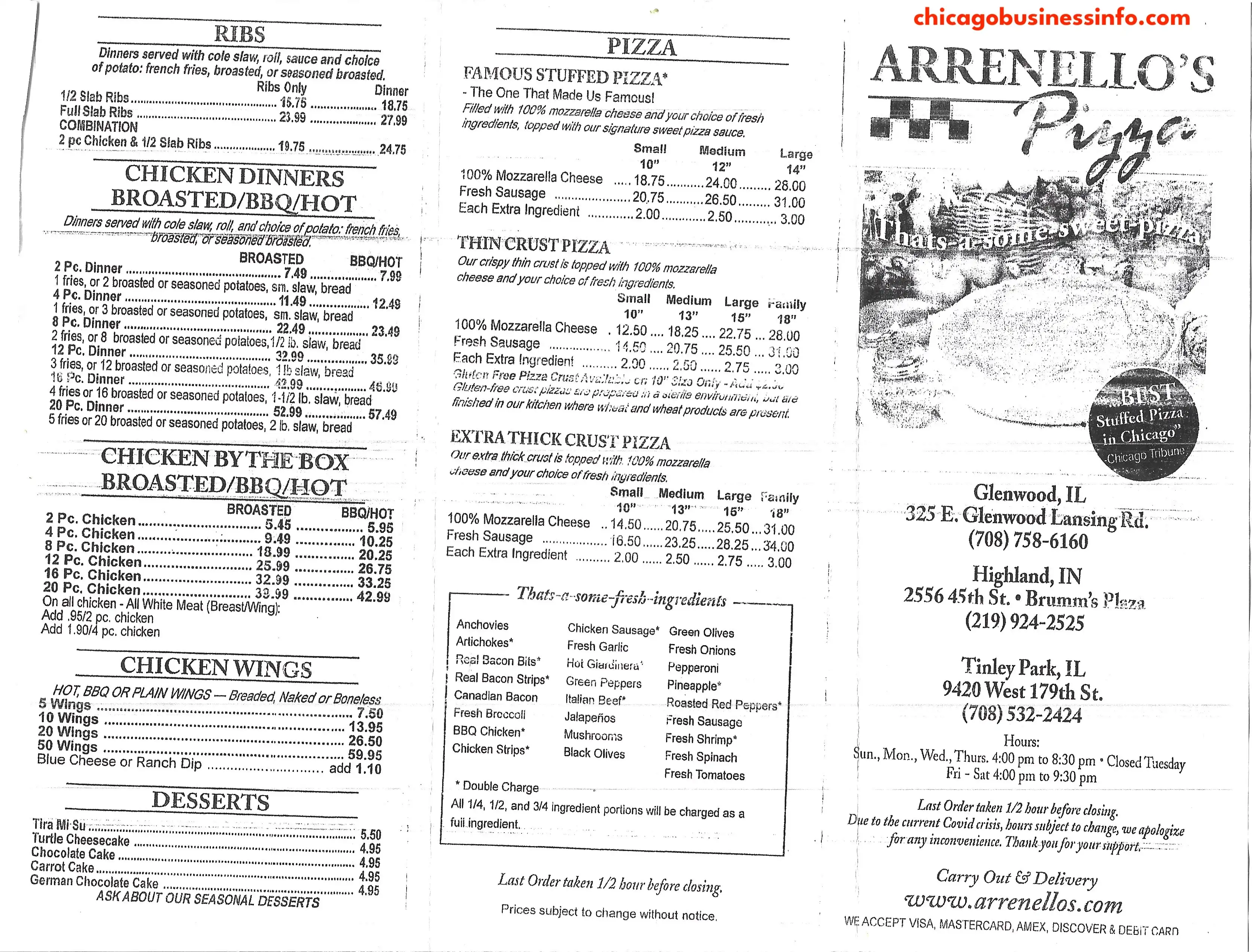 Arrenello's Pizza Carry Out Menu With Prices 1
