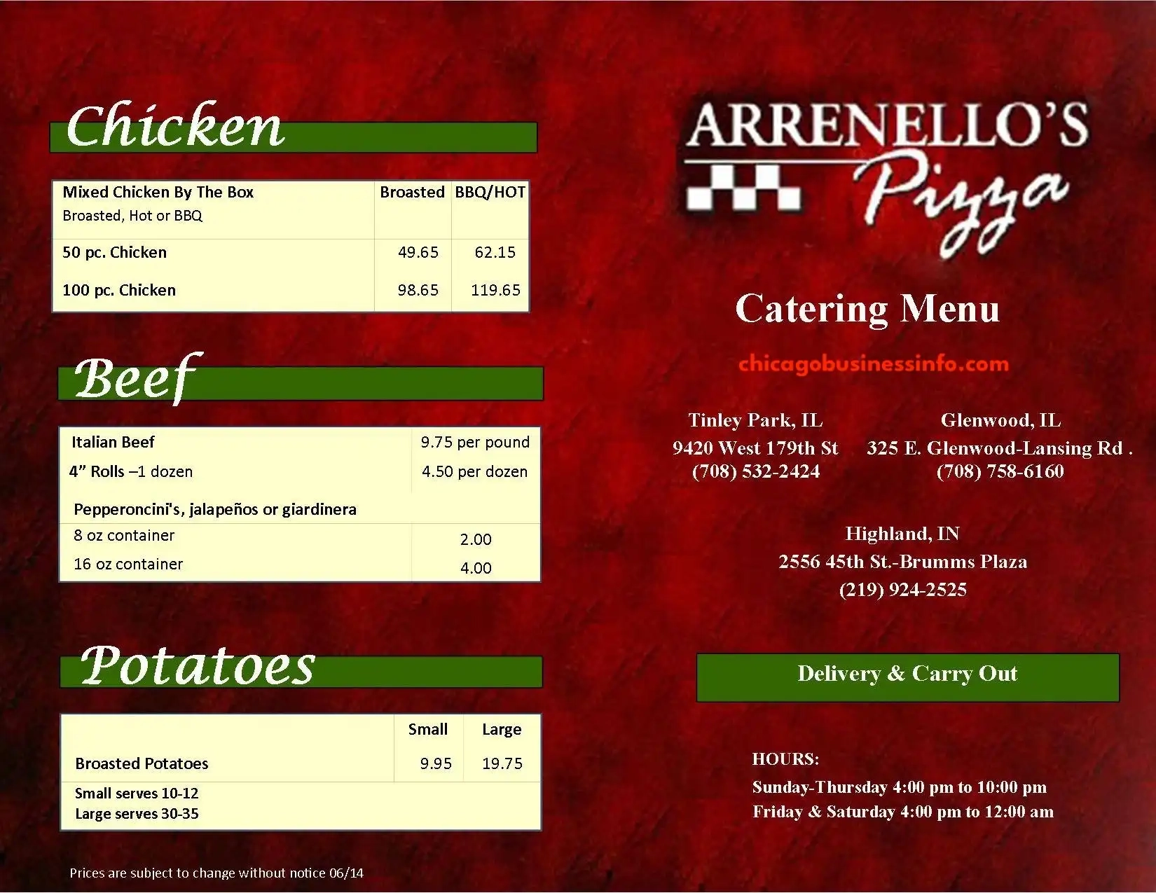 Arrenello's Pizza Catering Menu 1
