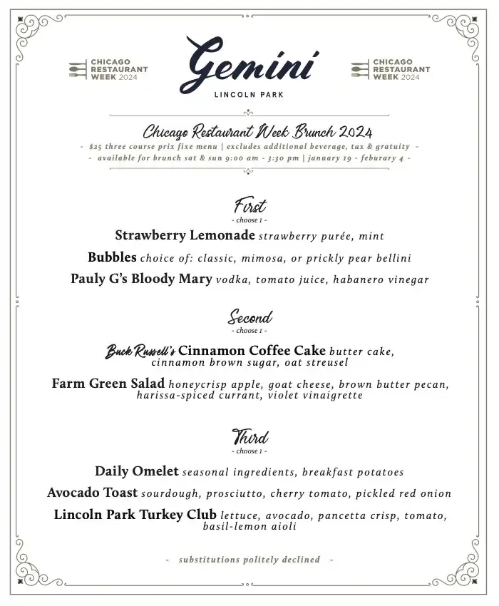 Chicago Restaurant Week 2024 Menu Gemini Lincoln Park Brunch