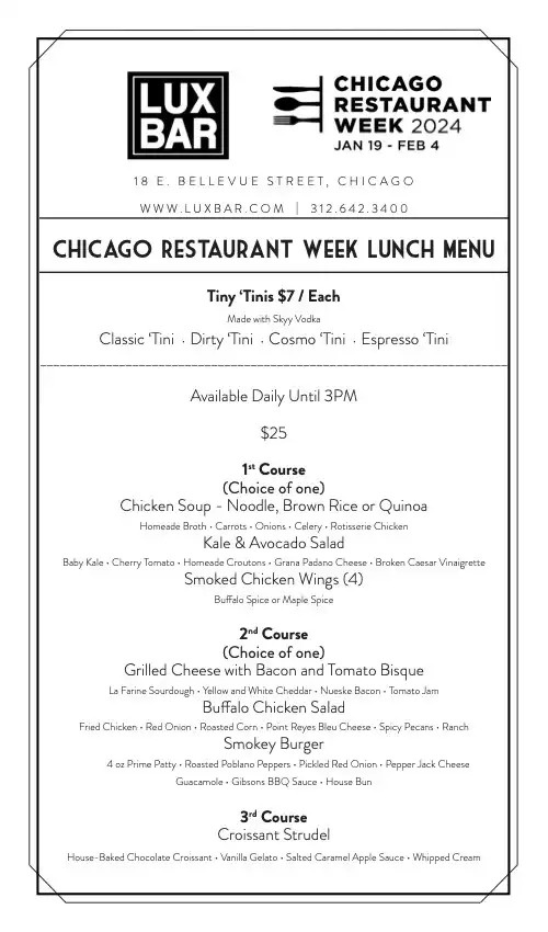 Chicago Restaurant Week 2024 Menu Luxbar
