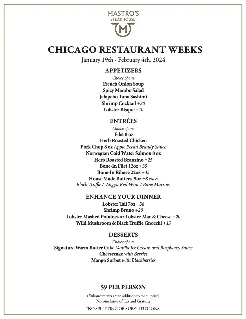 Chicago Restaurant Week 2024 Menu Mastro's Steakhouse