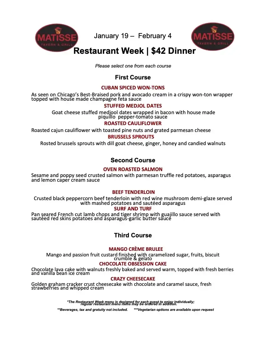 Chicago Restaurant Week 2024 Menu Matisse Tavern And Grill
