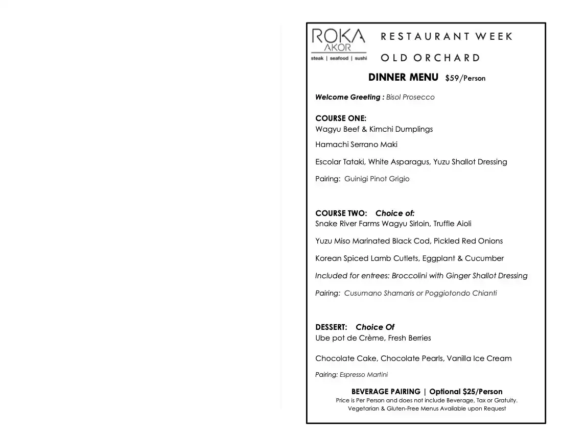 Chicago Restaurant Week 2024 Menu Roka Akor Oak Brook Dinner
