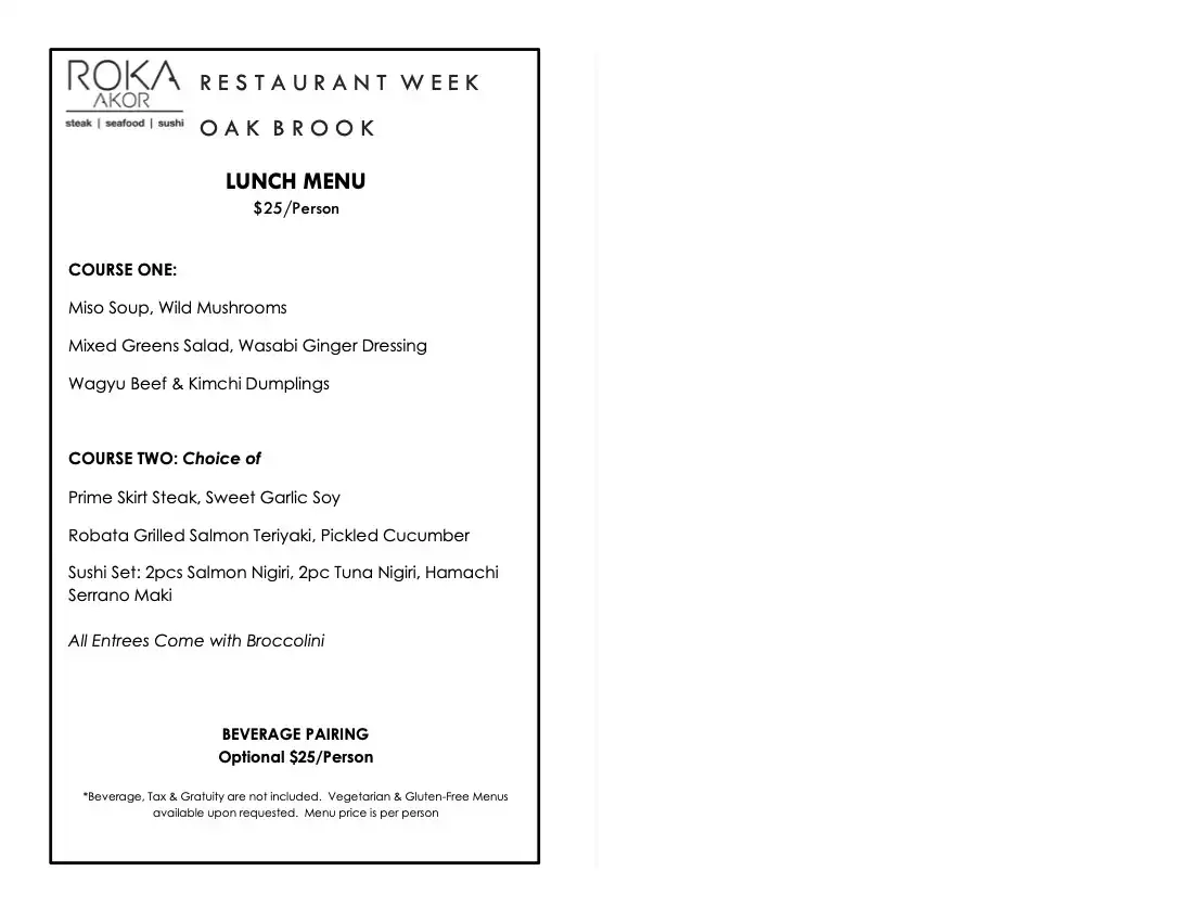 Chicago Restaurant Week 2024 Menu Roka Akor Oak Brook Lunch