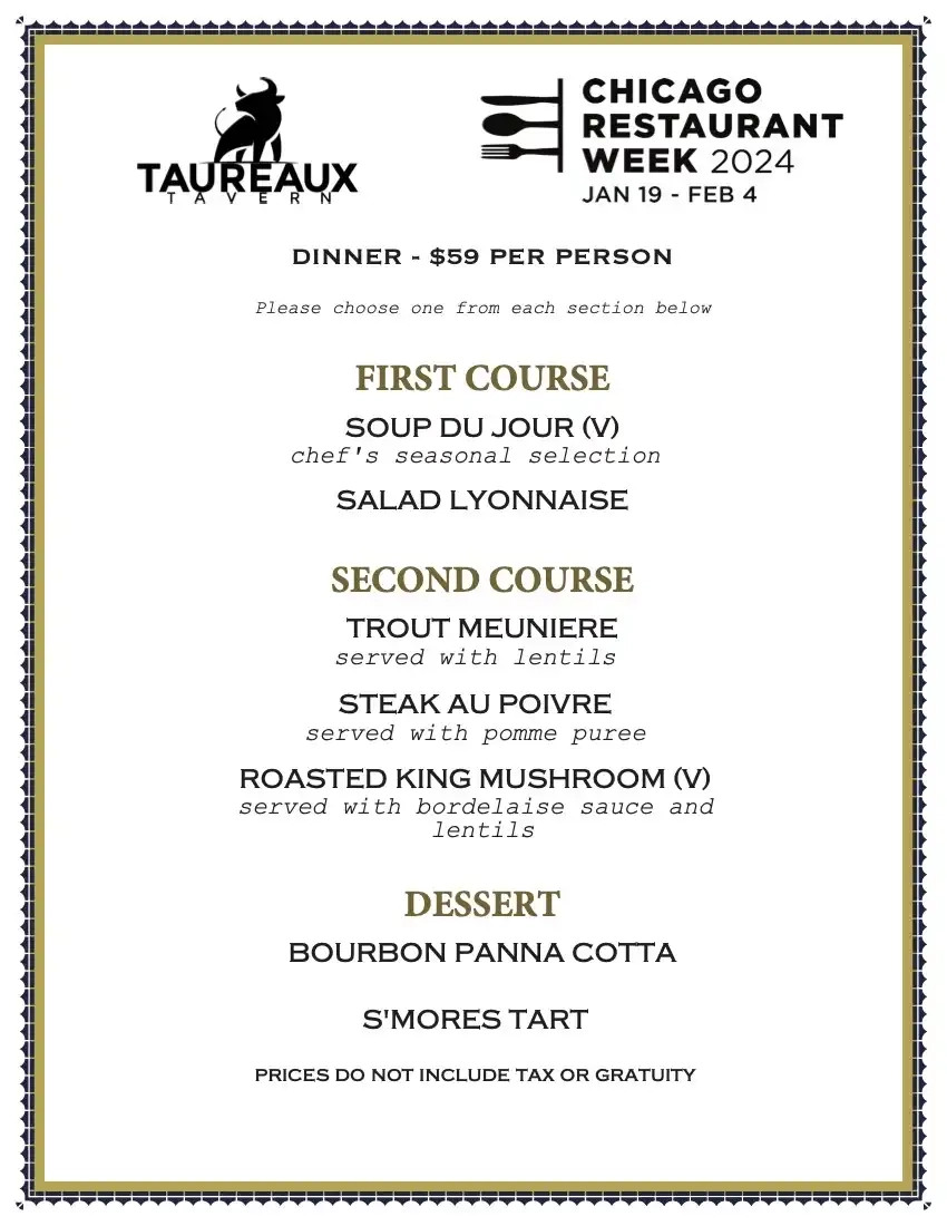 Chicago Restaurant Week 2024 Menu Taureaux Tavern