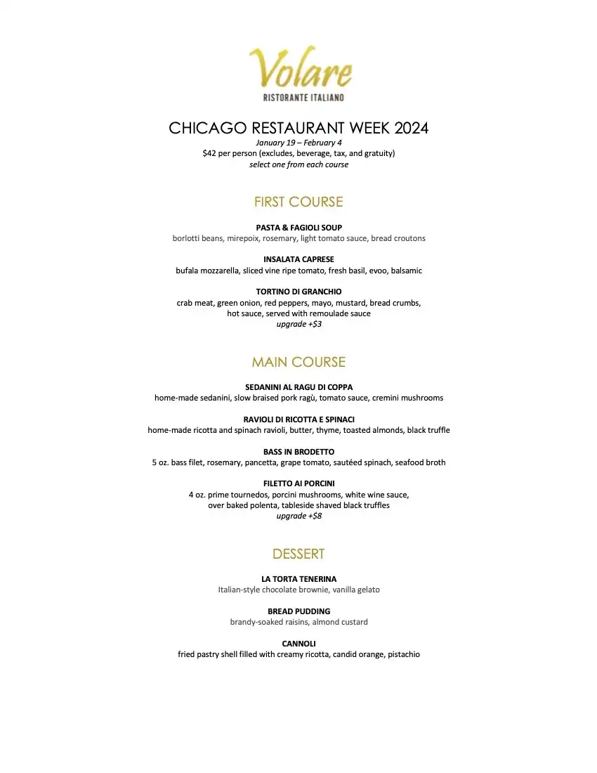 Chicago Restaurant Week 2024 Menu Volare Restaurant