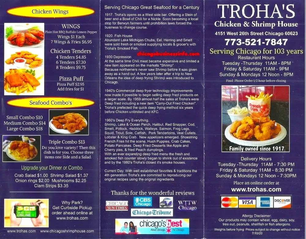 Troha's Chicken & Shrimp House Chicago Carry Out Menu 1