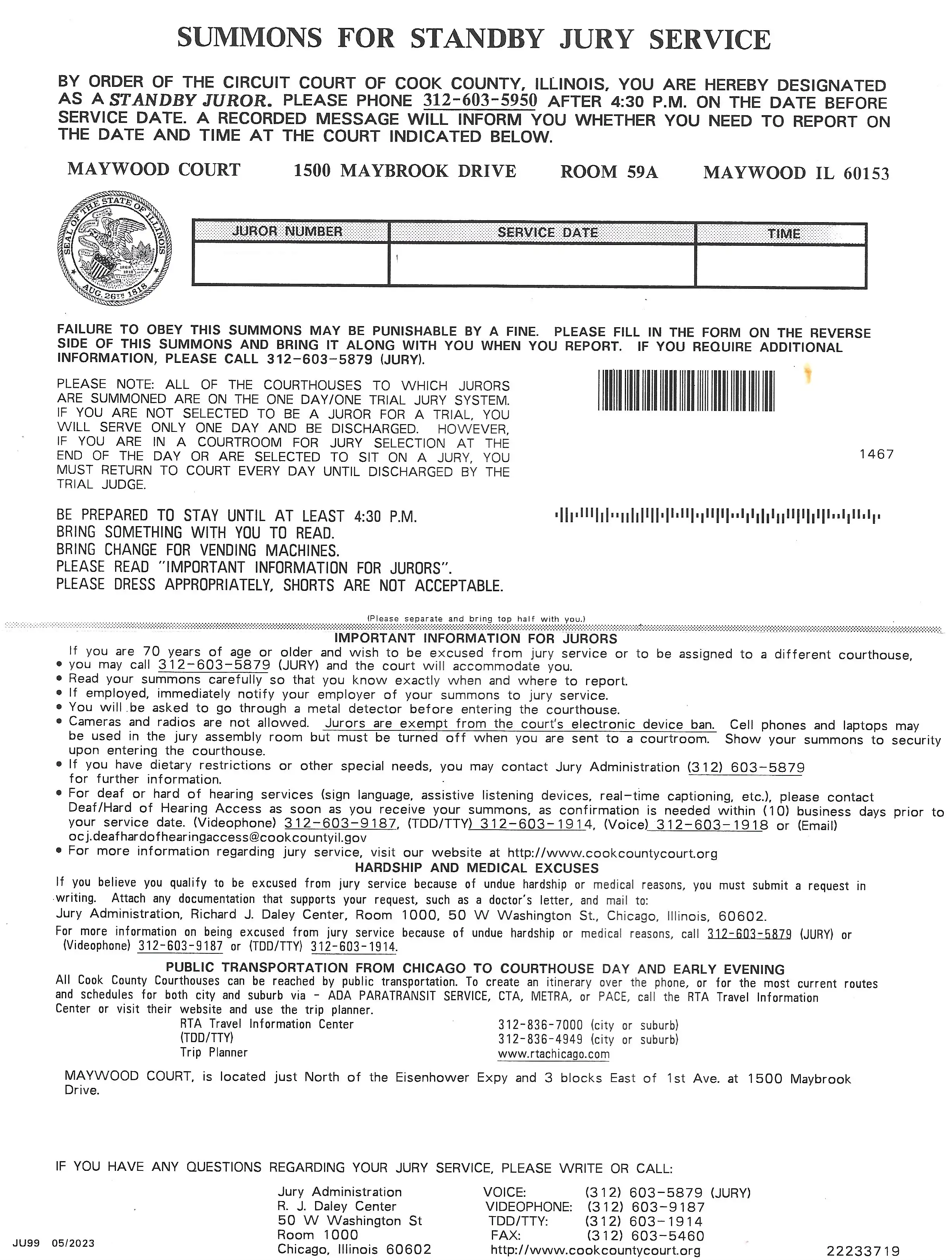 Summons For Standby Jury Service Letter Cook County Illinois Front